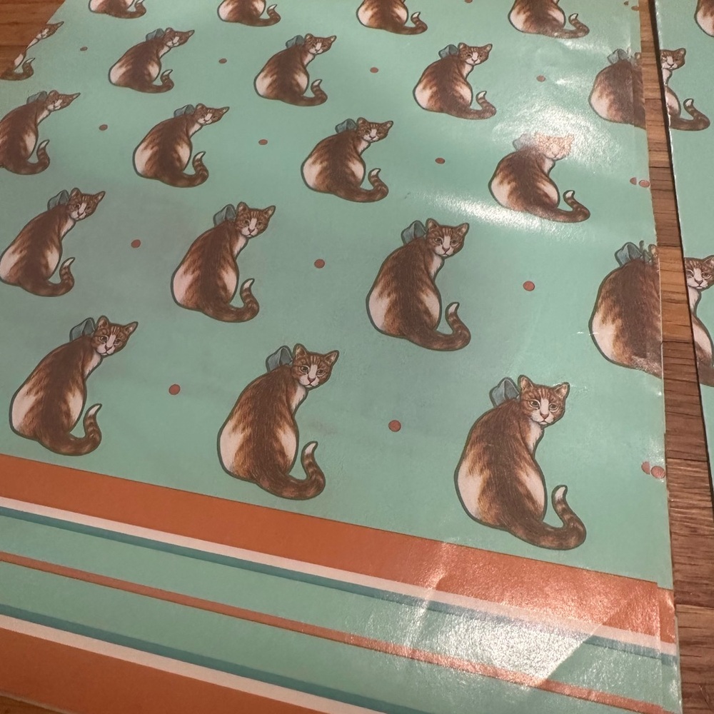 🐱Cat-Themed Vintage 1980s Wrapping Paper & Stickers Teal- Any Occasion